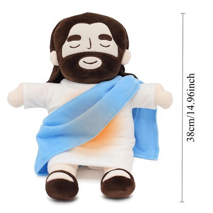 Peluche espiritual de Jesús con respiración suave, ideal para descansar en paz.