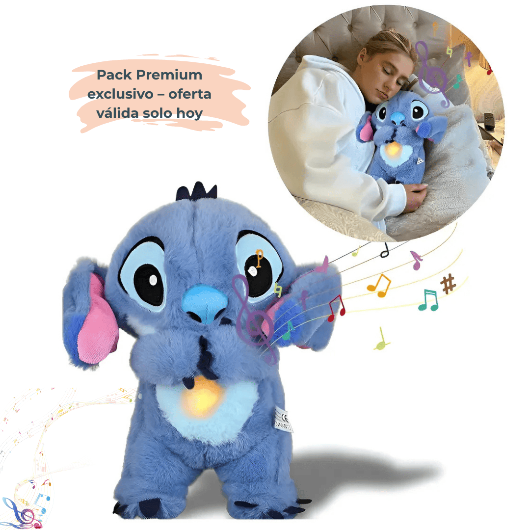 Peluche calmante inspirado en Stitch con respiración realista, luz cálida y sonido relajante